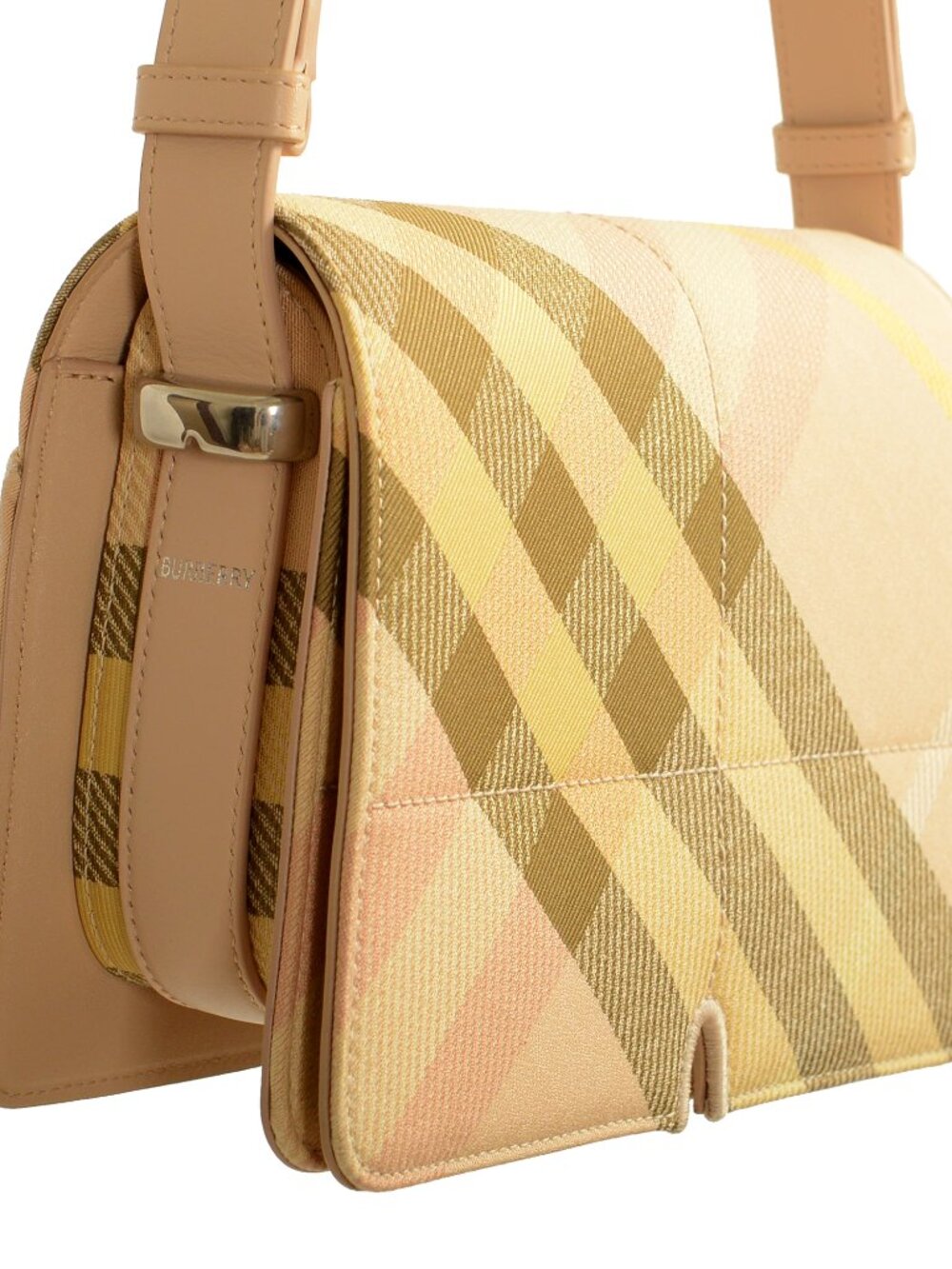 Burberry "Mn Knit Tote" Leather & Canvas Lichen Plaid Handbag Shoulder Bag - Picture 3 of 7